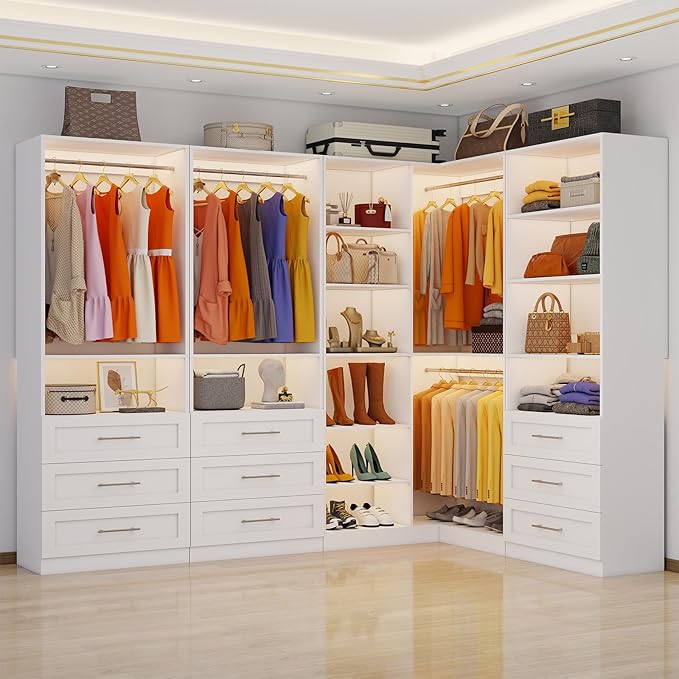 Closet System with 4 Sets, 8.5FT-21.5FT Corner Closet Organizer System with 9 Drawers & 12 Shelves & 8 Hanging Rods, L-Shaped Modular Closet System adjustable for Freestanding or Walk-in Closet, White