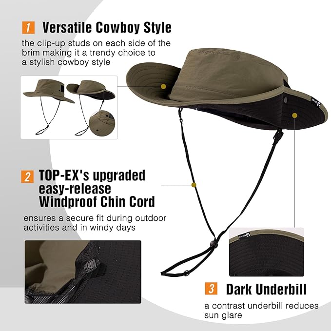 TOP-EX Men's Wide Brim Sun Hat UPF 50+ Waterproof, Packable Breathable Mesh Boonie Bucket Cap for Hiking Fishing Safari