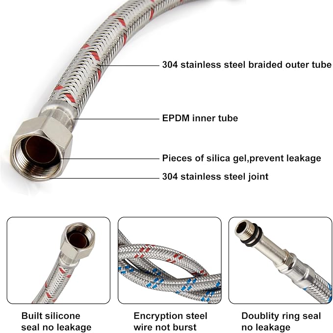 Midanya 40-Inch Long Faucet Water Supply Lines, Braided Stainless Steel Supply Hose 3/8-Inch Female Compression Thread x M10 Male Connector, x 2 Pcs (1 Pair)