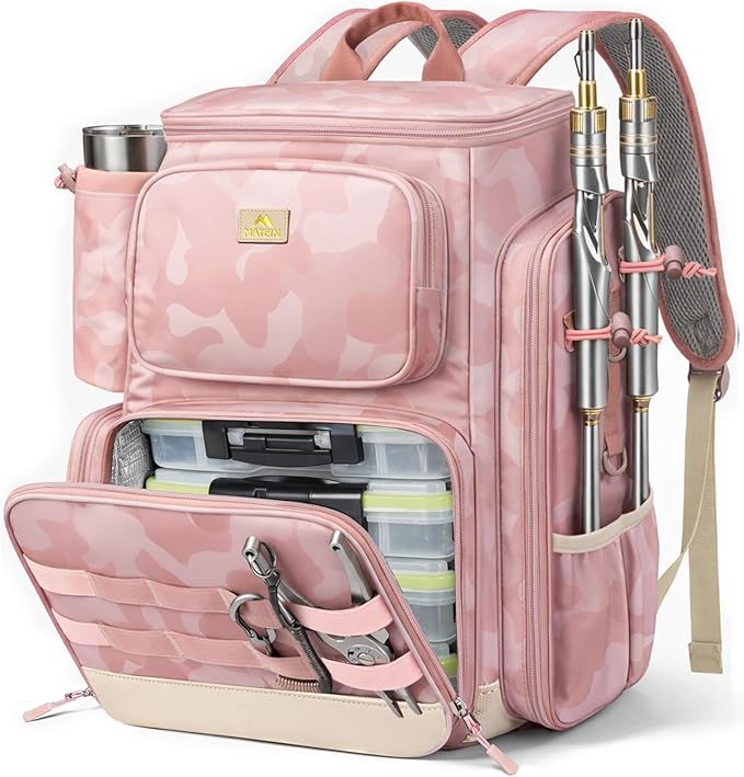 MATEIN Pro Fishing Backpack with 4 Tackle Boxes, 3600 Tackle Box Backpack with Rod Holder, Large Side Gear Storage & Cooler