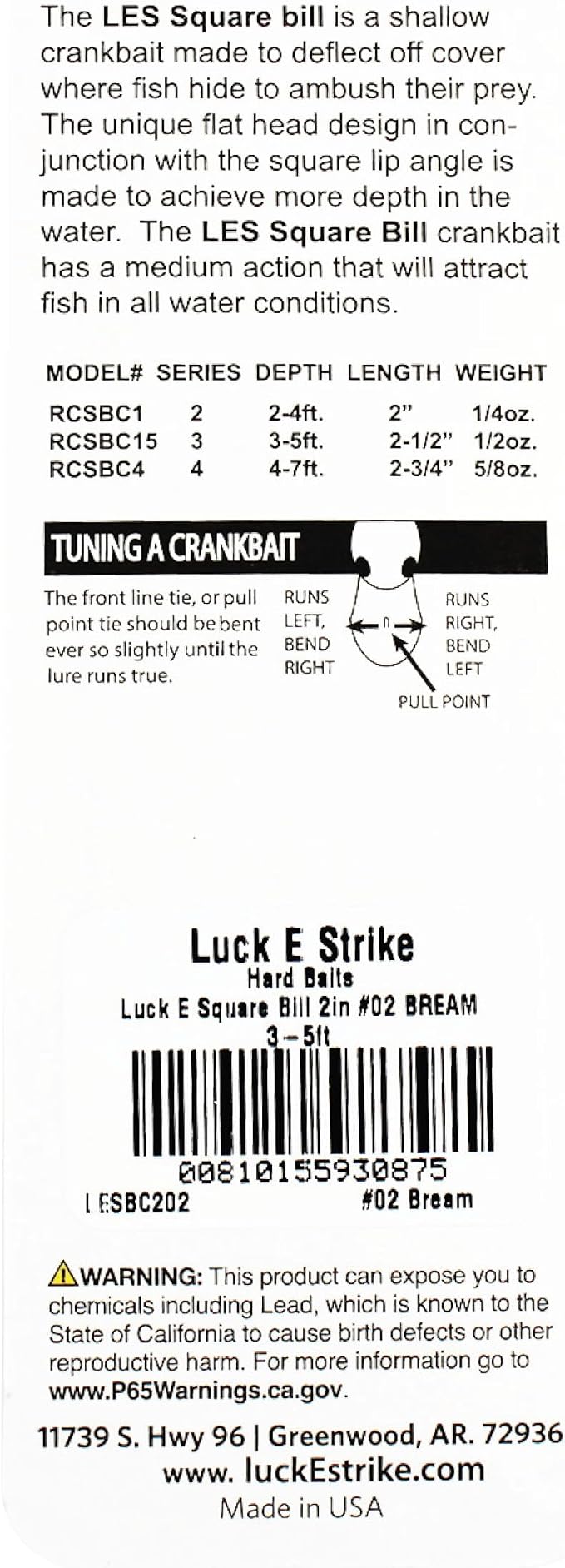 Luck E Strike 2 Inch Square Bill Crankbait, Made in The USA