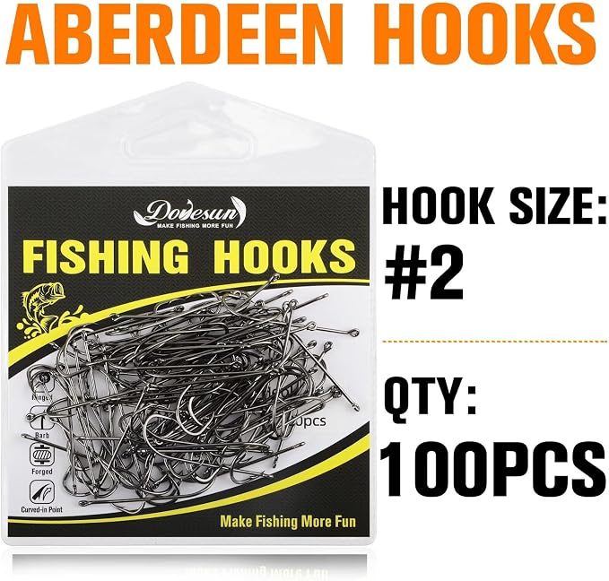 Dovesun Fishing Hooks Freshwater Aberdeen Fishing Hooks 100Pcs Long Shank High-Carbon Steel Worm Hooks Small Bass Trout Crappie 12# 10# 8# 6# 4# 2# 1# 1/0 2/0
