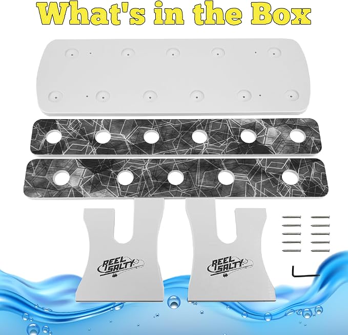 Rush Creek Creations Reel Salty Gray/White/Blue 11-Rod Marine Grade Fishing Rod Holder - Bi-Level Design, UV-Resistant, 100% Waterproof for Garage and Dock