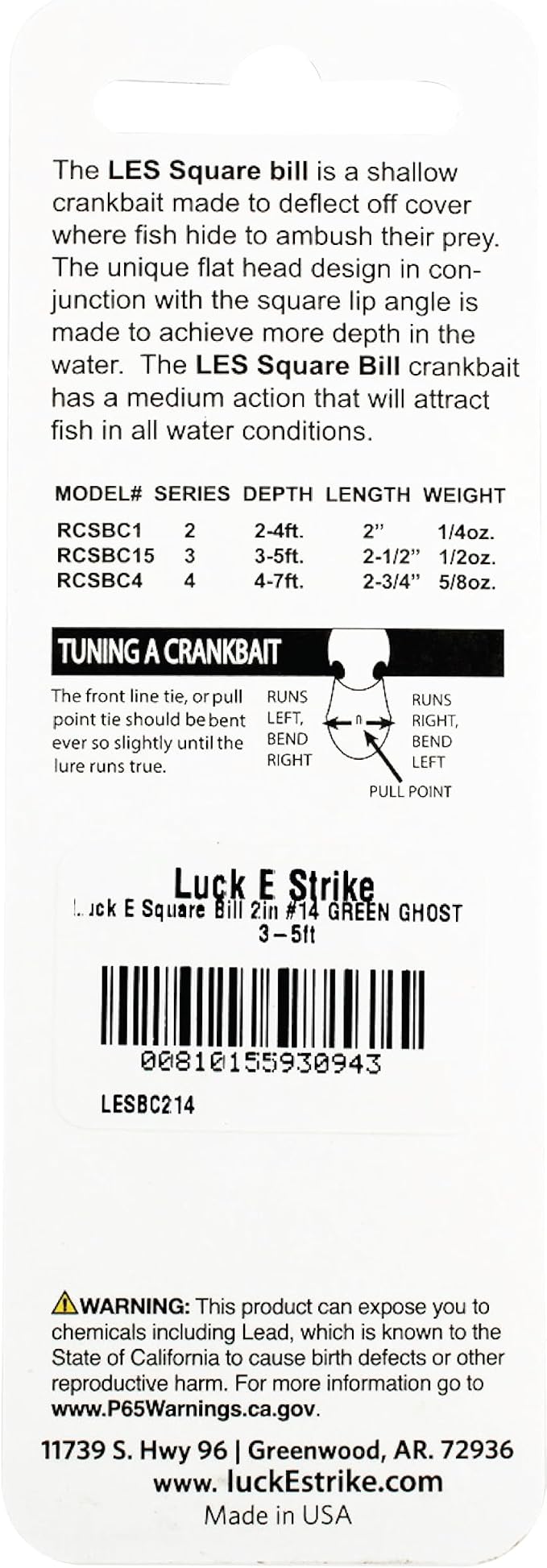 Luck E Strike 2 Inch Square Bill Crankbait, Made in The USA