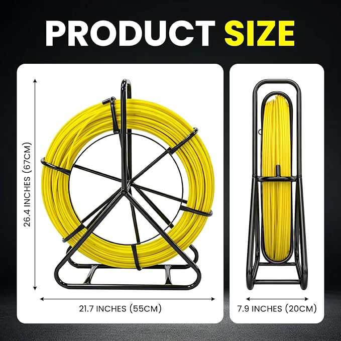 492FT 1/4 inch(6MM) Fish Tape Fiberglass with Meter Markings, Duct Rodder Cable Puller with Steel Reel Stand, Fishing Tools for Walls and Electrical Conduit, Non-Conductive