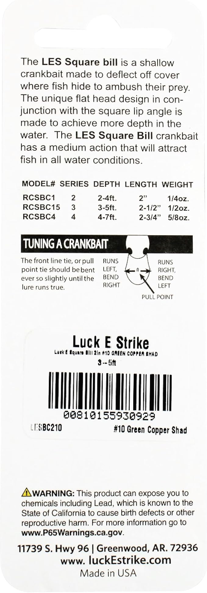 Luck E Strike 2 Inch Square Bill Crankbait, Made in The USA