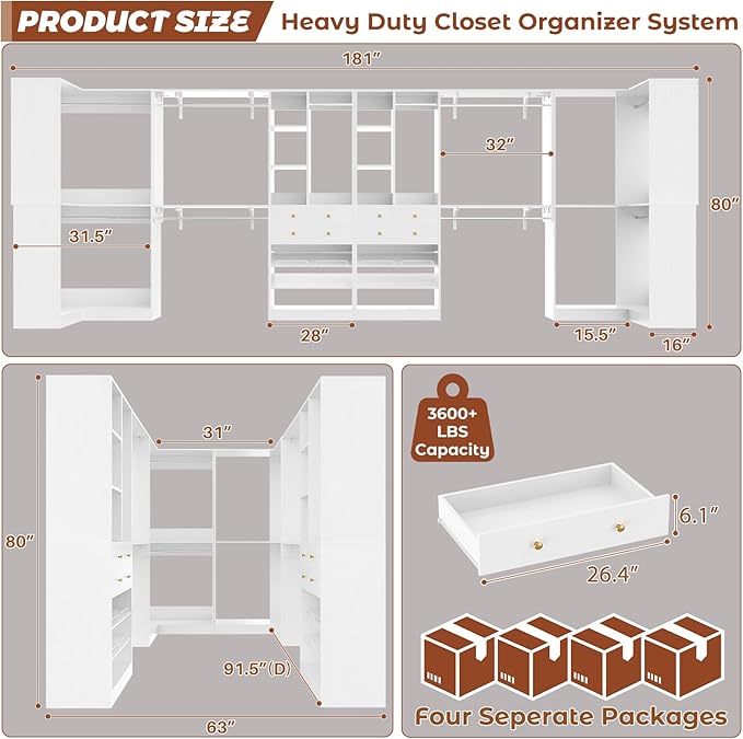 Closet System with 4 Drawers & Corner Tower, Closet Organizer System with 10 Hanging Robs, Reversible U Shaped Walk-in Closet System, Load 3600+LBS Capacity, Set of 4, White