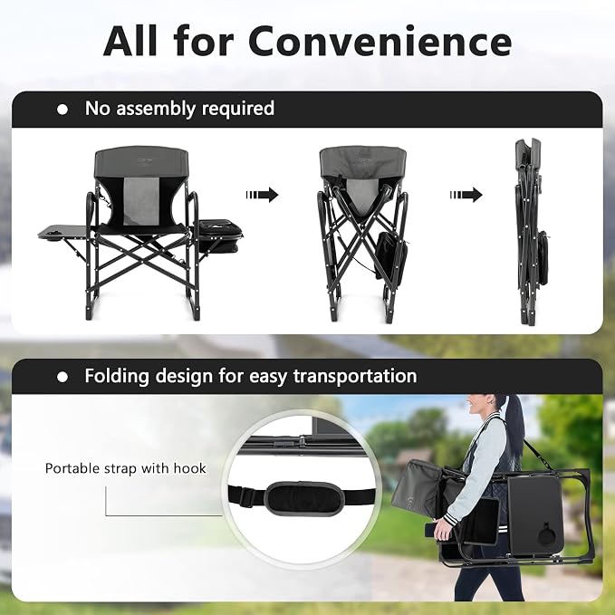 COSTWAY Folding Camping Chair, Heavy-Duty Director Chair Supports 400lbs for Adults with Side Table, Cooler Bag, Storage, Strap, Portable Makeup Chair Suitable for Fishing Picnic
