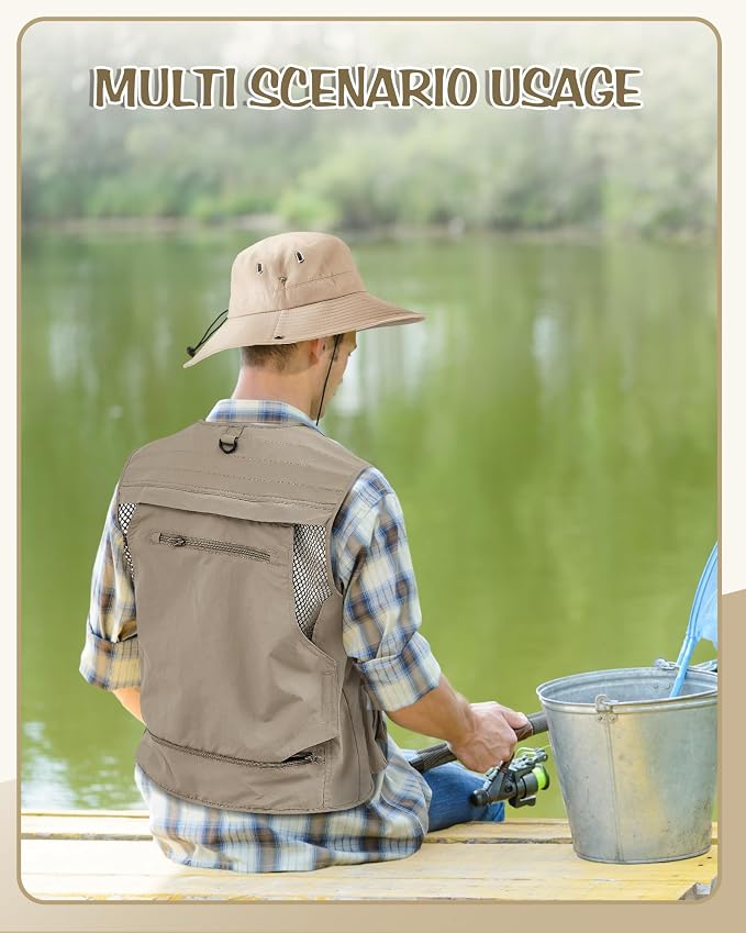 Shihanee 2 Pcs Men's Fishing Vest Sun Hat Multi Pocket Safari Vest for Outdoor Hiking Summer Travel