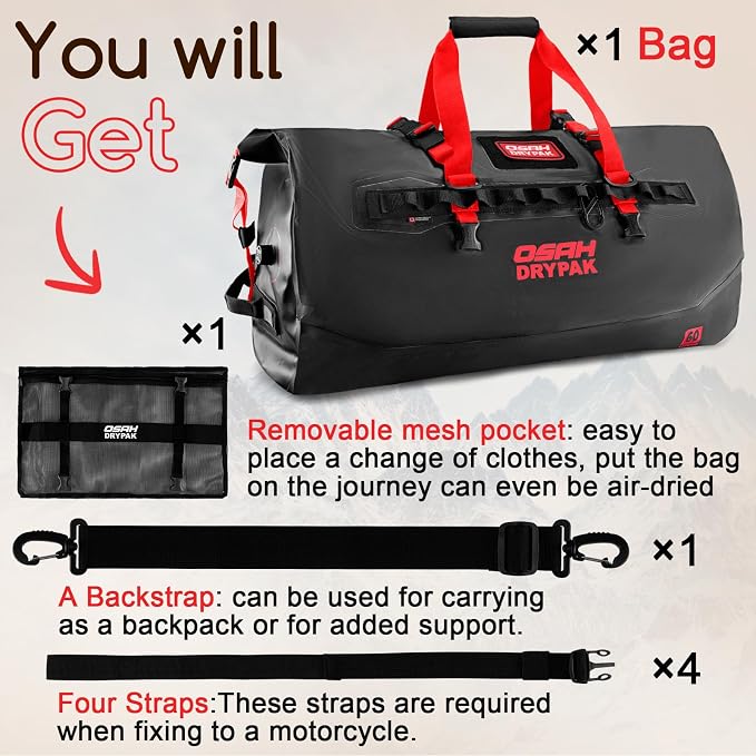 OSAH DRYPAK Waterproof Duffel Bag 25L/40L/60L β Heavy-Duty Motorcycle Tail Bag, Roll-Top Dry Bag for Travel, Camping, Boating, Kayaking, Outdoor Adventure