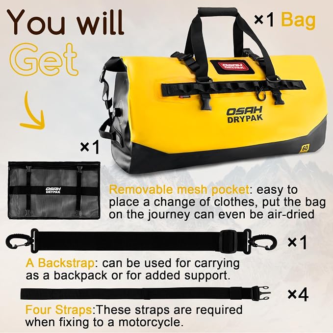 OSAH DRYPAK Waterproof Duffel Bag 25L/40L/60L β Heavy-Duty Motorcycle Tail Bag, Roll-Top Dry Bag for Travel, Camping, Boating, Kayaking, Outdoor Adventure
