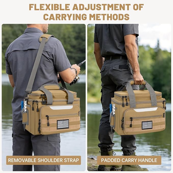 20L Fishing Tackle Bag Empty, Fits 3400-3600 Lure Boxes, Water Resistant Fishing Gear Storage Bag, Portable Padded Shoulder Strap Bag for Saltwater Freshwater, Khaki