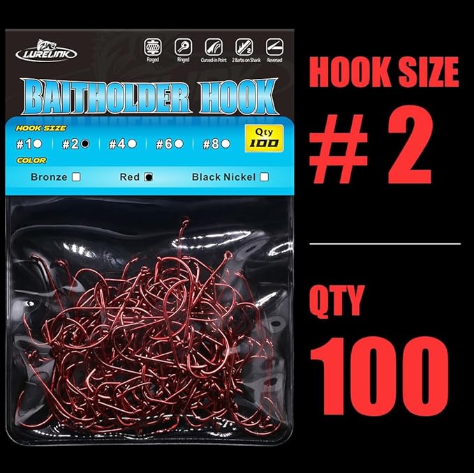 Baitholder Fishing Hooks 100 Pack - Double-Barbed Long Shank for Bluegill Bass Trout Walleye Black/Red, 8/0-#8