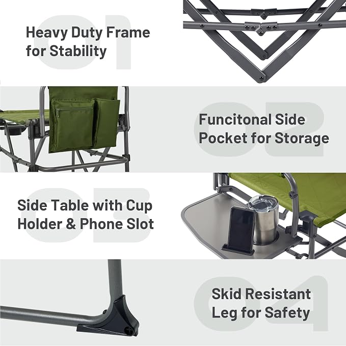 TIMBER RIDGE Aluminum Camping Directors Chair with Side Table Pocket, Portable Folding Chair, Heavy Duty Lawn Chair for Fishing Trip Picnic Concert Outdoor 400lbs, Green 2 Pack