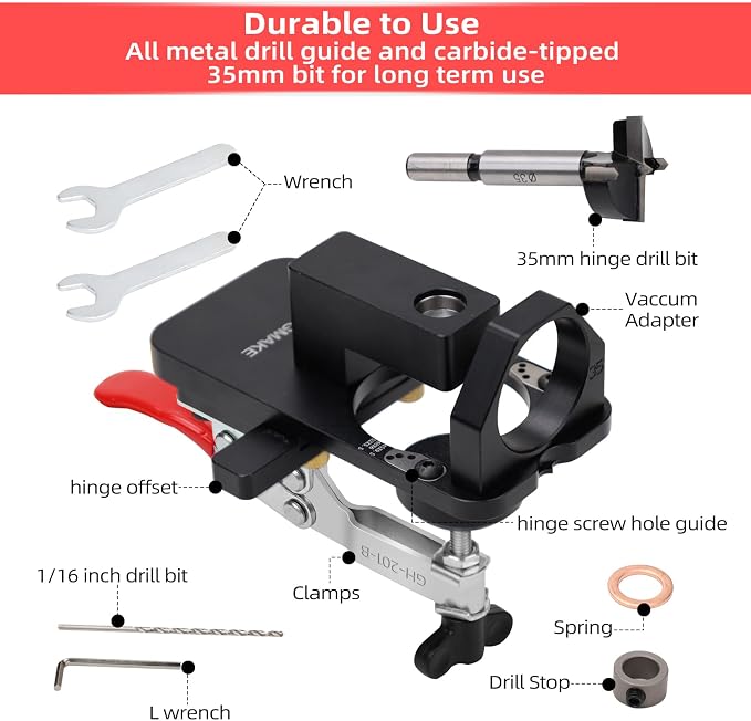 GOINGMAKE Compact Metal Concealed Hinge Jig with Quick Clamp,35mm Cabinet Hinge Jig with Dust Adapter for Cabinet Hinge Mounting,Woodworking Cabinet Door Hinge Jig Drill Guide Cabinet Hardware Jig