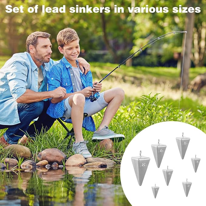 Pyramid Sinkers Fishing Weights Assortment Kit, 18 Lead Pyramid Sinkers 1oz 2oz 3oz 4oz 5oz 6oz 8oz with 2 Sinker Slides, Surf Fishing Weights for Saltwater Bottom Fishing Rigs