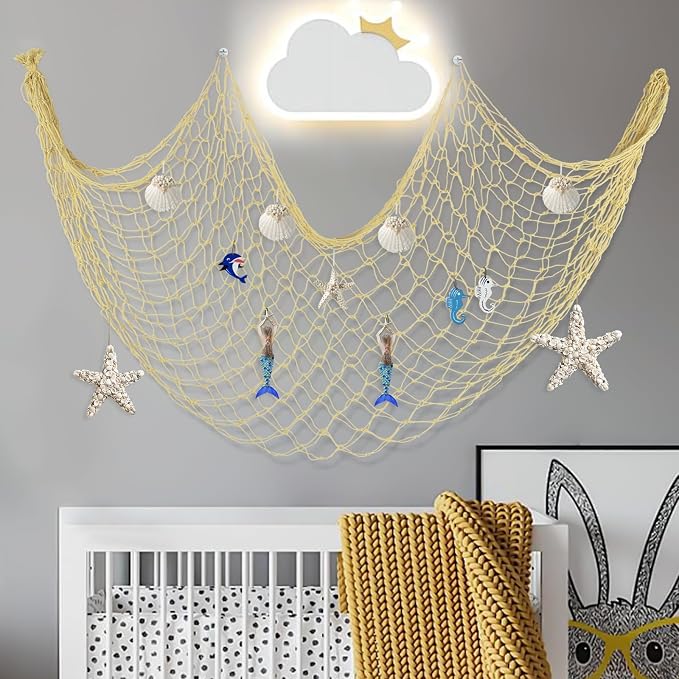 2 Pack Decorative Fishing Net, 80x40 Inch Large Yellow Wall Photo Hanging Fishnet, Cotton Fish Net for Nautical Mermaid Pirate Ocean Hawaii Beach Under The Sea Themed Party Decorations