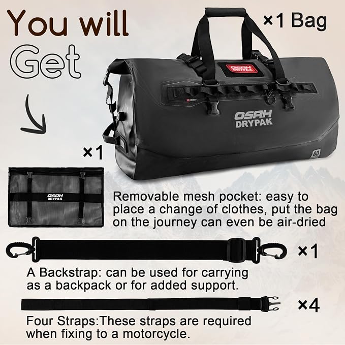 OSAH DRYPAK Waterproof Duffel Bag 25L/40L/60L β Heavy-Duty Motorcycle Tail Bag, Roll-Top Dry Bag for Travel, Camping, Boating, Kayaking, Outdoor Adventure