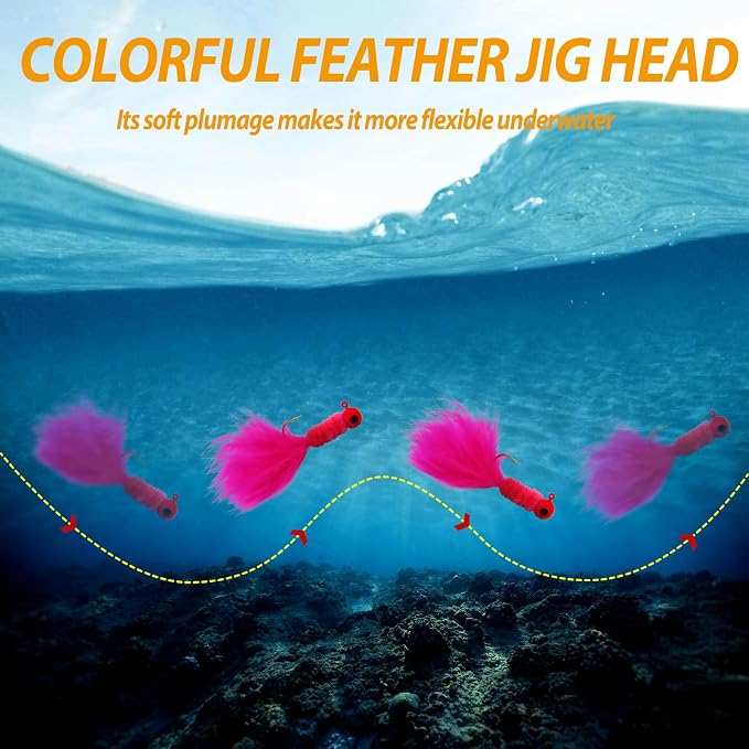 50PCS Crappie Fishing Jigs Hook Kit Feather Hair Jigs for Crappie Fishing baits Lures Panfish Trout 1/8 1/16 1/32 oz