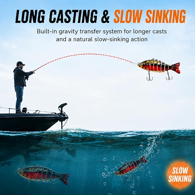 Multi Jointed Swimbait Hard Lure, 3.7in Slow Sinking Fishing Lures with Realistic S-Shaped Swimming Action, Built-in Gravity Transfer System & #6 Treble Hooks for Bass, Trout, Pike, Topwater Lure
