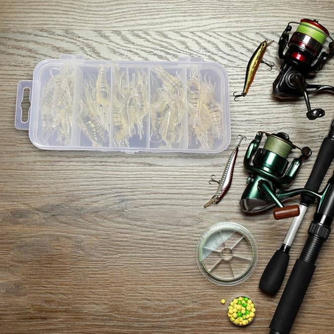 Soft Lures, 30PCS Shrimp Baits with Hook & Storage Box Realistic Swimbaits for Bass Trout Saltwater Freshwater