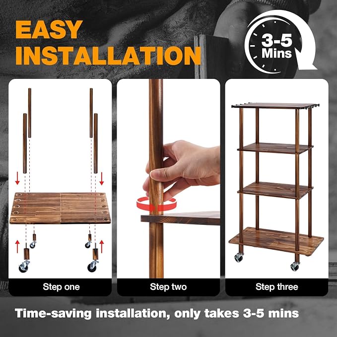 Ghosthorn Fishing Rod Holders Fishing Pole Rack for Garage Hold up to 10 Rods Wooden Fishing Pole Holders Organizer Fishing Rod Rack Fishing Gear Storage Equipment(Carbonization,4 Tier)
