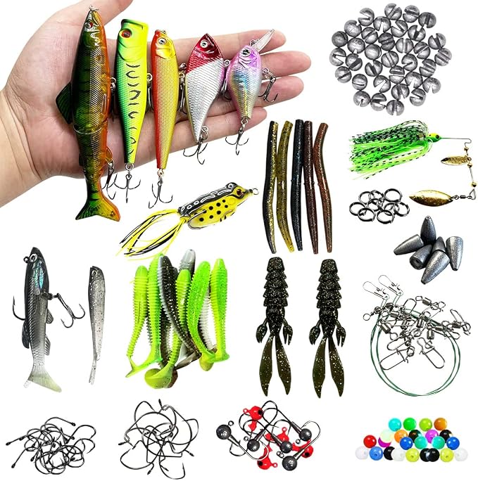 Fishing Lures Kit Set, Baits Tackle Including Crankbaits, Topwater Lures, Spinnerbaits, Worms, Jigs, Hooks, Tackle Box and More Fishing Gear Lures for Bass Trout