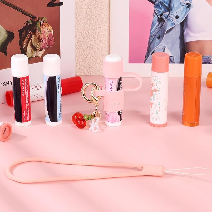Silicone Chapstick Holder Key Chain with Cute Cherry Keychain Bag Charm Portable Lip Balm Holder Sleeve Chapstick Keychain Holder with Wrist Strap Lanyard - Pink