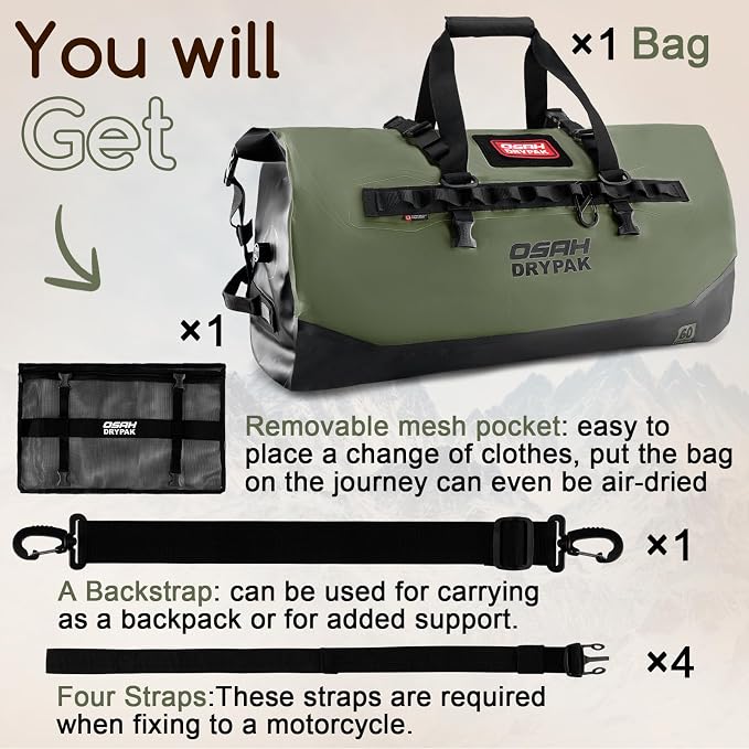 OSAH DRYPAK Waterproof Duffel Bag 25L/40L/60L β Heavy-Duty Motorcycle Tail Bag, Roll-Top Dry Bag for Travel, Camping, Boating, Kayaking, Outdoor Adventure