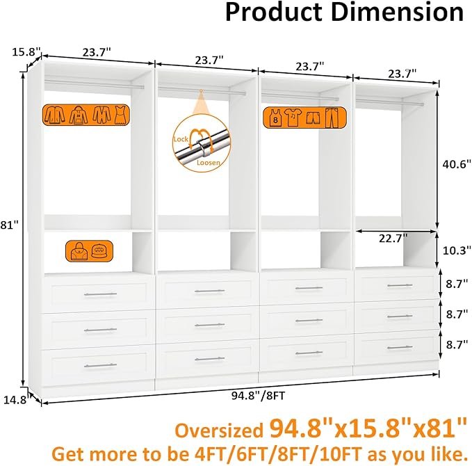 Closet System with Wooden Drawers, 8FT Closet Organize System with Drawers & Hanging Rods &for Walk in Closets, 4PCS*24" Freestanding Closet System, White(8FT)