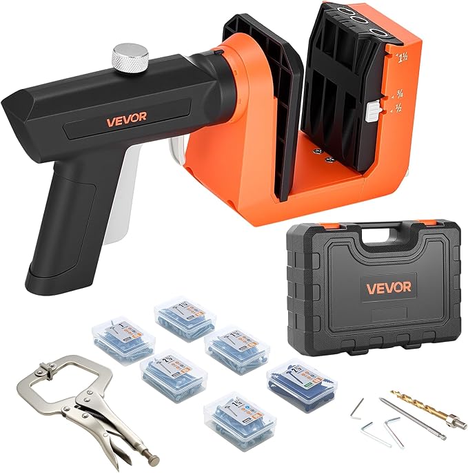 VEVOR Pocket Hole Jig Kit, 1/2", 3/4", 1-1/2" Adjustable, 360° Rotating Handle, Jig Pocket Hole System with 260 Screws, C-Clamp, Stop Collar, Drill Bit, Easy Clamping and Adjusting, for Woodworking