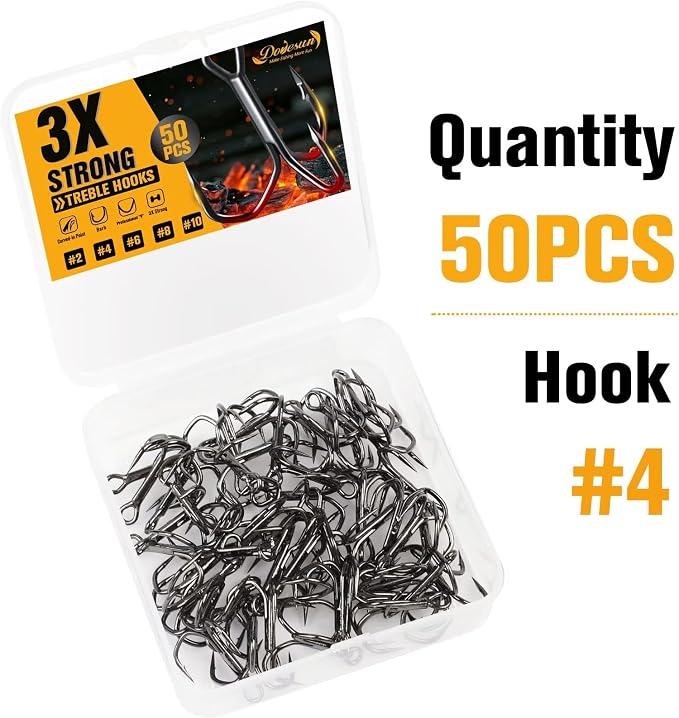Dovesun Fishing Treble Hooks, Triple Hooks 3X Strong Professional V, 50PCS High Carbon Steel Replacement Fishing Hooks for Saltwater and Freshwater, Sizes #10#8#6#4#2