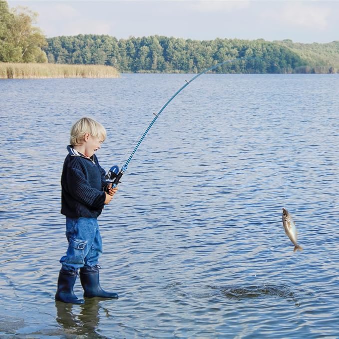 LEOFISHING Kids Fishing Pole Set with Full Starter Kits Portable Telescopic Fishing Rod and Spincast Reel with a Fishing Net and Bucket for Boys Girls and Youth