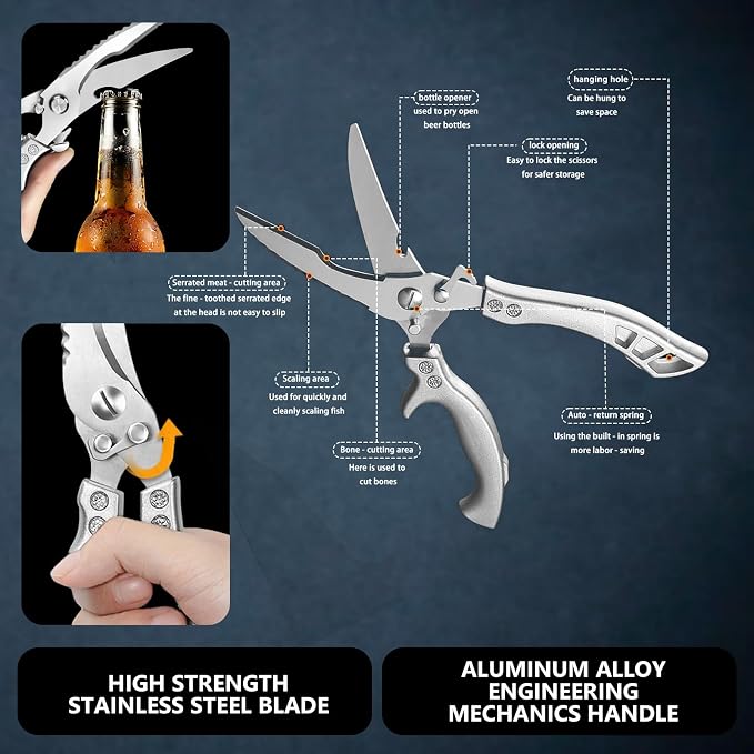 Poultry Shears - Heavy-Duty Kitchen Scissors with Fish Scaler & Bottle Opener, 2CR14 Stainless Steel, Spring Loaded, Multi-Purpose Scissors for Meat, Chicken, and Fish, Dishwasher Safe.