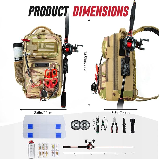 Fishing Sling Bag with Tackle Box, MOLLE System Fishing Backpack with Fishing Lures Kit, Fish Hook Remover Tool, Fish Lip Gripper, Fishing Plier & Accessories, Fishing Gear Gift for Men, Khaki