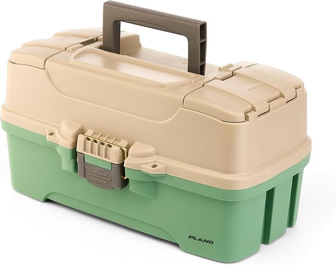 Plano Three-Tray Tackle Box Catfish Kit, Green/Tan, Rust-Proof Brass Latch, Top-Access Tray Compartments with Deep Storage, Made in the USA, Portable Fishing Gear Storage Organizer