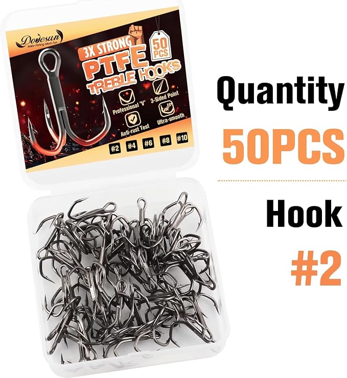 Dovesun Fishing Treble Hooks, Triple Hooks 3X Strong Professional V, 50PCS High Carbon Steel Replacement Fishing Hooks for Saltwater and Freshwater, Sizes #10#8#6#4#2