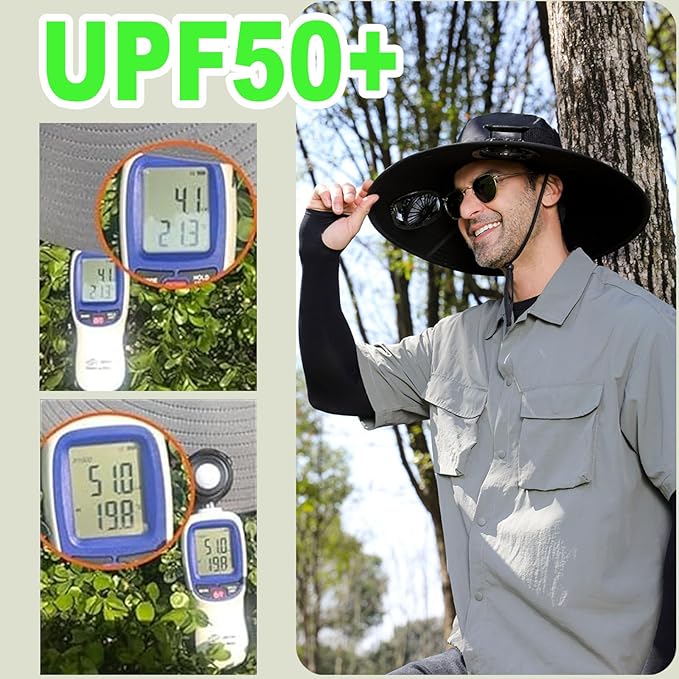 Fishing Hats with Sunglasses, Wide Brim Sun Hat with 2 Solar Fan, USB & Solar Powered Fishing Hats, Solar Fan Hats UPF 50+