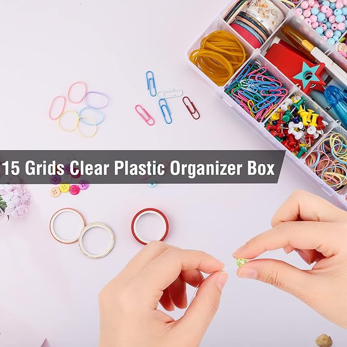 Exptolii 15 Large Grids Plastic Organizer Box with Dividers, Clear Compartment Container Storage for Washi Tapes Beads Crafts Jewelry Fishing Tackles, Size 11 x 6.3 x 2.2 in
