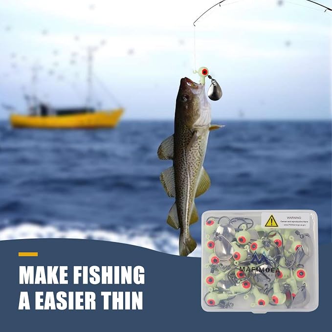 15/20/30Pcs Underspin Jig Heads with Spinner Fishing Jig Heads Hooks Set Crappie Jigs Fishing Jig Hooks Assortment Saltwater Freshwater Bass Crappie Trout Glow in The Dark…