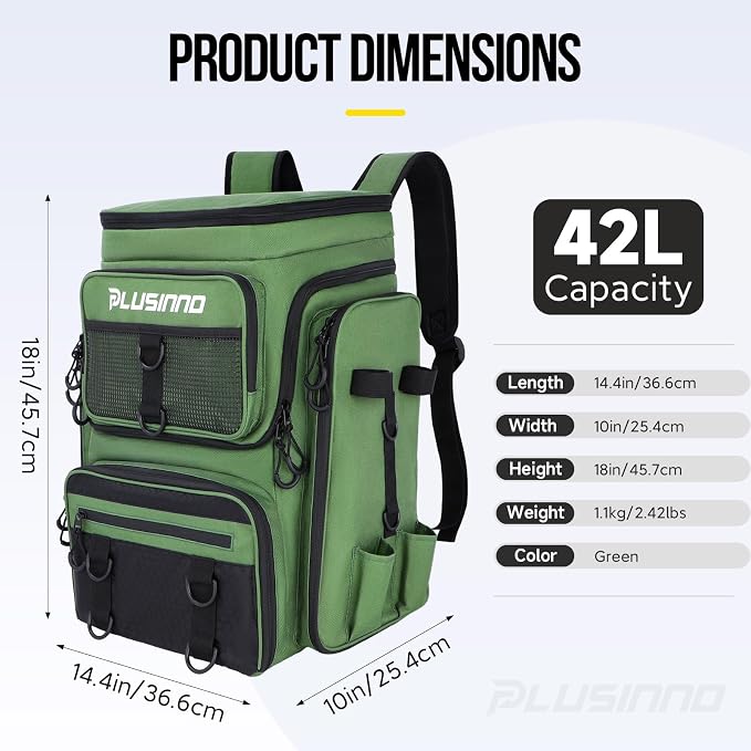 PLUSINNO Fishing Tackle Backpack with Rod Holders,42L Water-resistant Fishing Bag Store Fishing Gear,Fishing Gifts For Men.