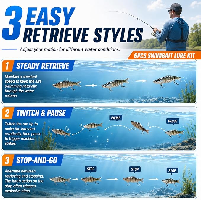 SANWEAL 6PCS Multi Jointed Fishing Lures Kit, 2 Size Slow Sinking Swimbait Hard Baits with 3D Eyes and Treble Hooks, Segmented Baitfish Artificial Fishing Bait for Bass Trout Freshwater Saltwater