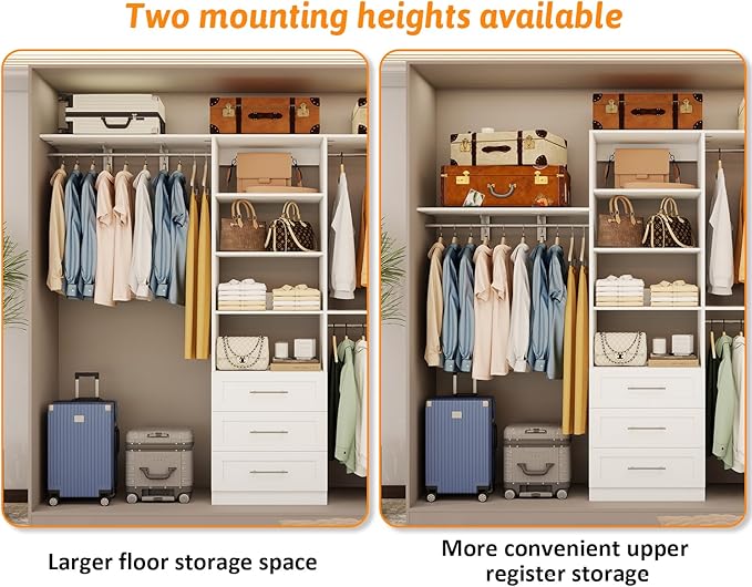 Closet System with 6 Wood Drawers, 5.8FT-8FT-13FT Closet Organizer System Storage Storage Adjustable with 6 Cuttable Shelves & 6 Expandable Hanging Rods, Walk in Closet, 2 Sets , White