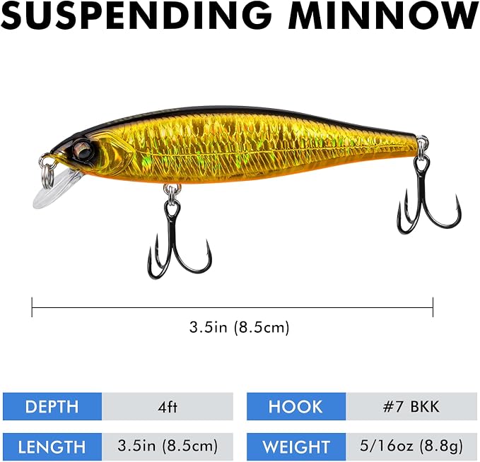 TRUSCEND Suspending Jerkbait, Rattle Minnow Lures with BKK Hooks, Freshwater Bass Trout Striper Walleye Pike Fishing Lures, Variety Pack for All Water Conditions, Premium Fishing Gear and Gifts
