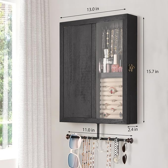 Keebofly Wall Mounted Jewelry Organizer With Rustic Wood Large Space Jewelry Cabinet, Holder, Storage Box for Necklaces, Earrings, Bracelets, Ring Holder, and Accessories Black