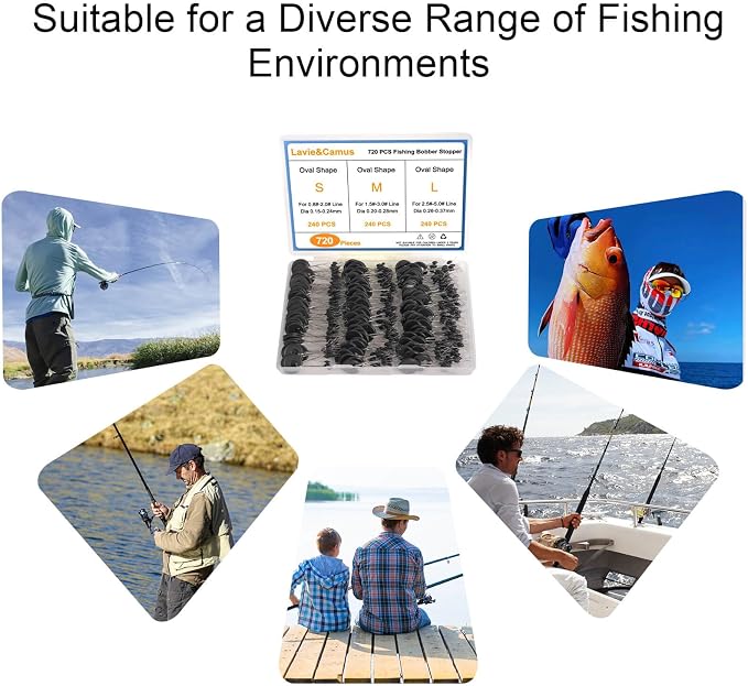 Lavie&Camus 720PCS Fishing Bobber Stopper, Oval Floats Sinker Stops, 6 in 1 Black Rubber Bobber Stops, L M S Size Float Stop Kit