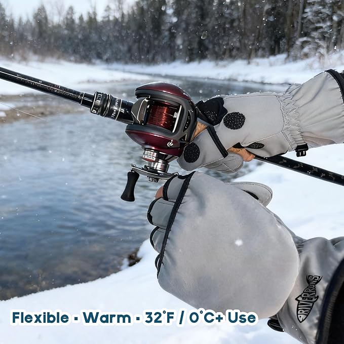 Riverruns Winter Fishing Gloves Convertible Mittens and Fingerless Gloves for Men Women, Ideal for Ice Fishing, Photography, Hunting, Outdoor Use