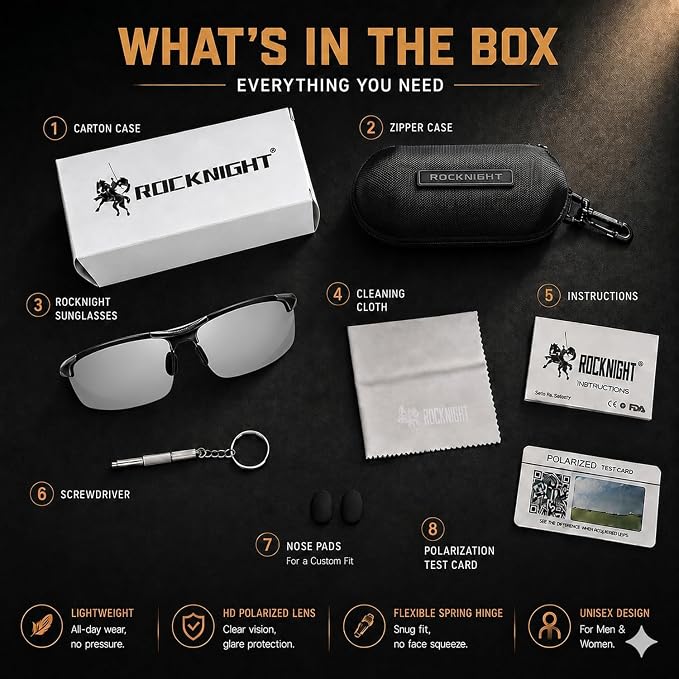ROCKNIGHT Polarized Rectangular Sunglasses for Men Driving UV400 Protection Lightweight Al‑Mg Frame