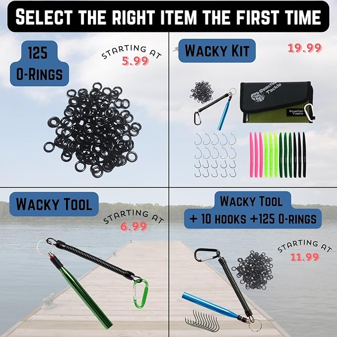 Reaction Tackle Wacky Rig Tool and O-Rings for Soft Plastic Worms, Bass Fishing Wacky Rig and Neko Rig Stick Bait Setup for Largemouth and Smallmouth