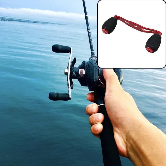 Fishing Reel Handle Red Fishing Baitcasting Handle Rocker Baitcasting Reel Replacement Parts, with EVA Grip Knob and Nut (Red + Black)